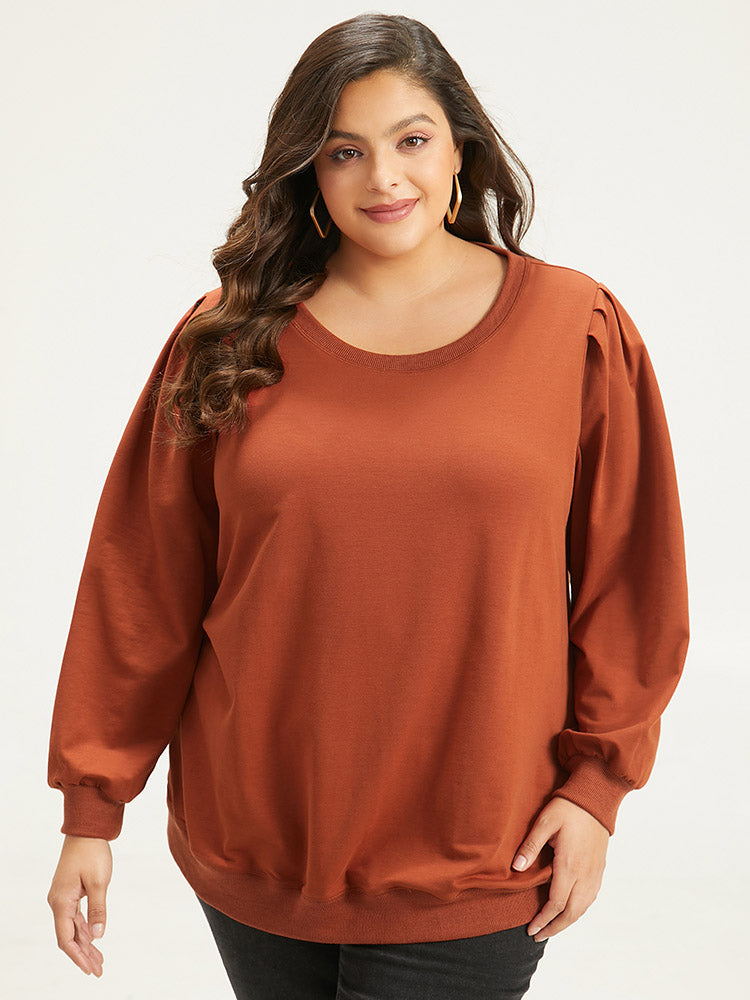 Solid Pleated Detail Elastic Cuffs Sweatshirt