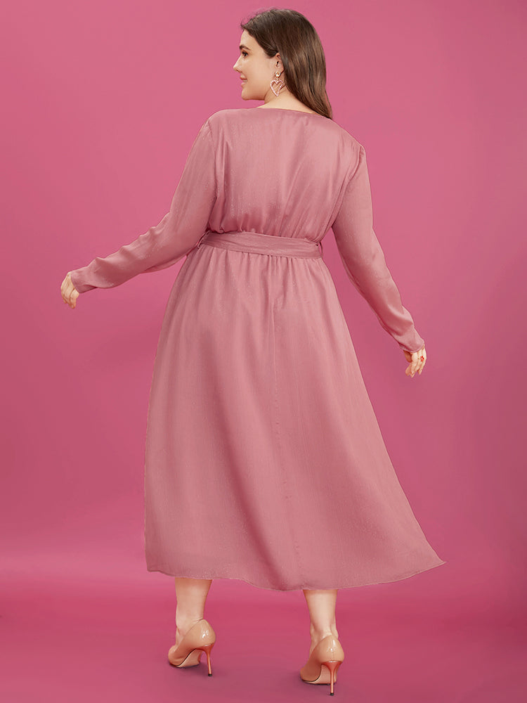 Solid Pocket Belted Surplice Neck Midi Dress