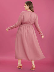 Solid Pocket Belted Surplice Neck Midi Dress