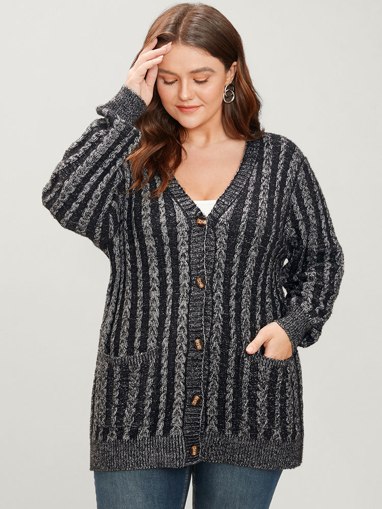 Striped Contrast Pointelle Knit Pocket Button Front Heather Cardigan