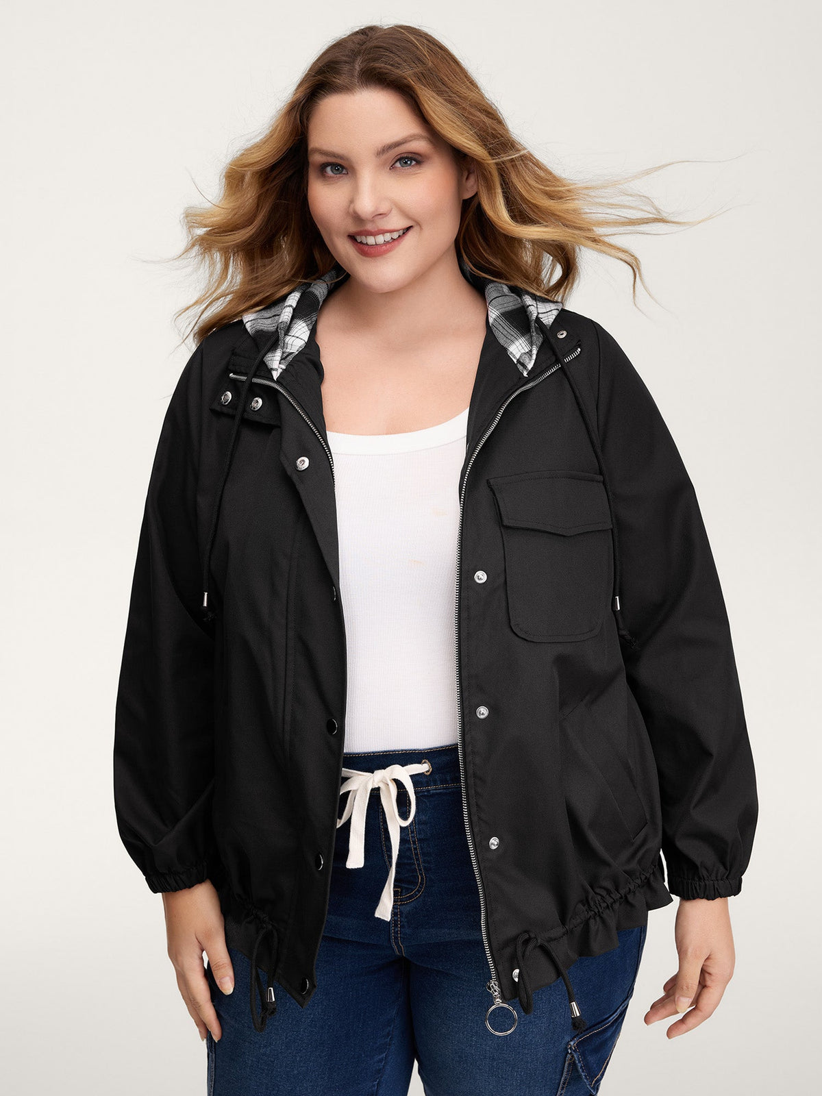 2-in-1 Plaid Hooded Adjustable Drawstring Jacket