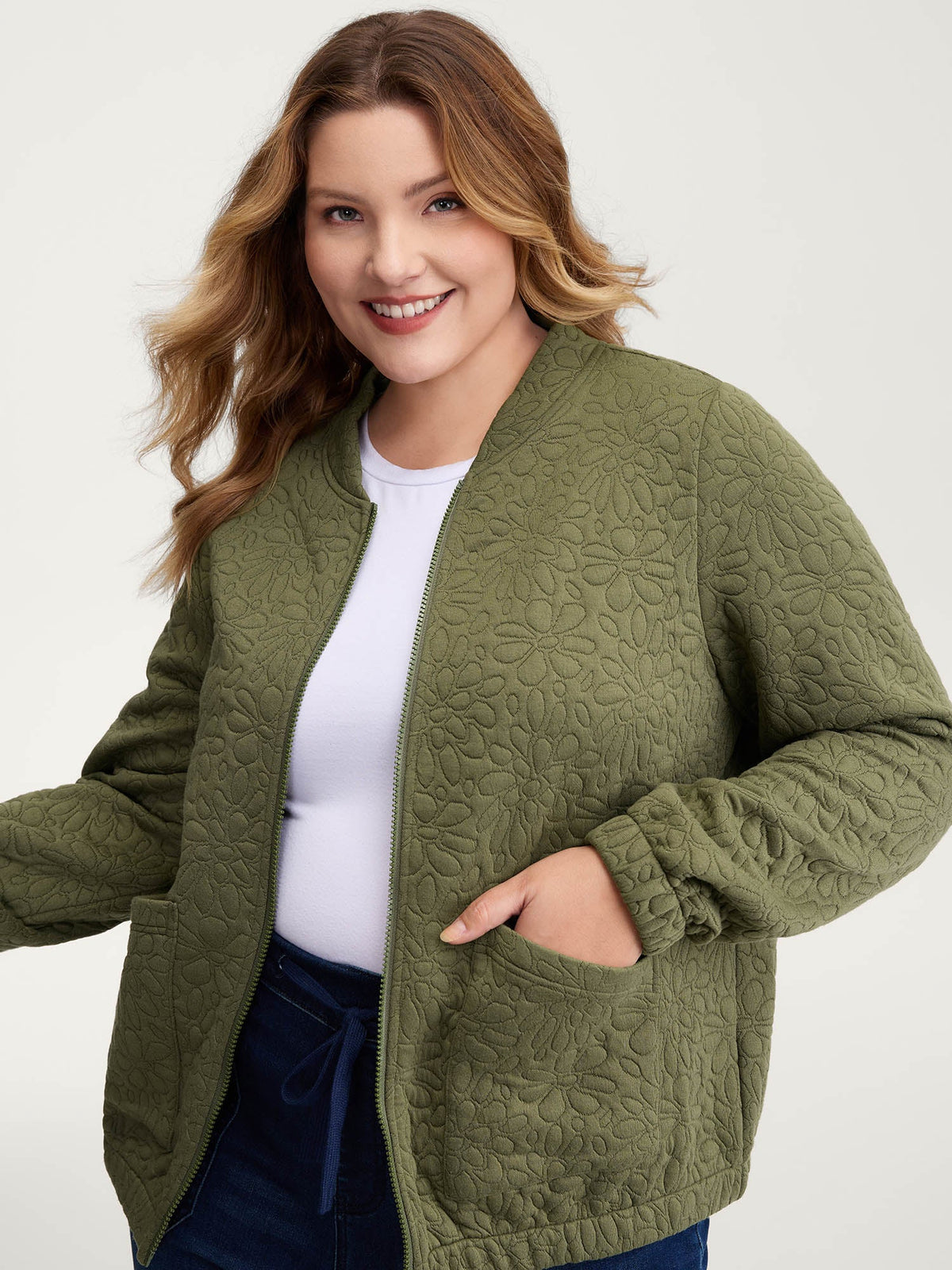 Floral Textured Zipper Front Jacket