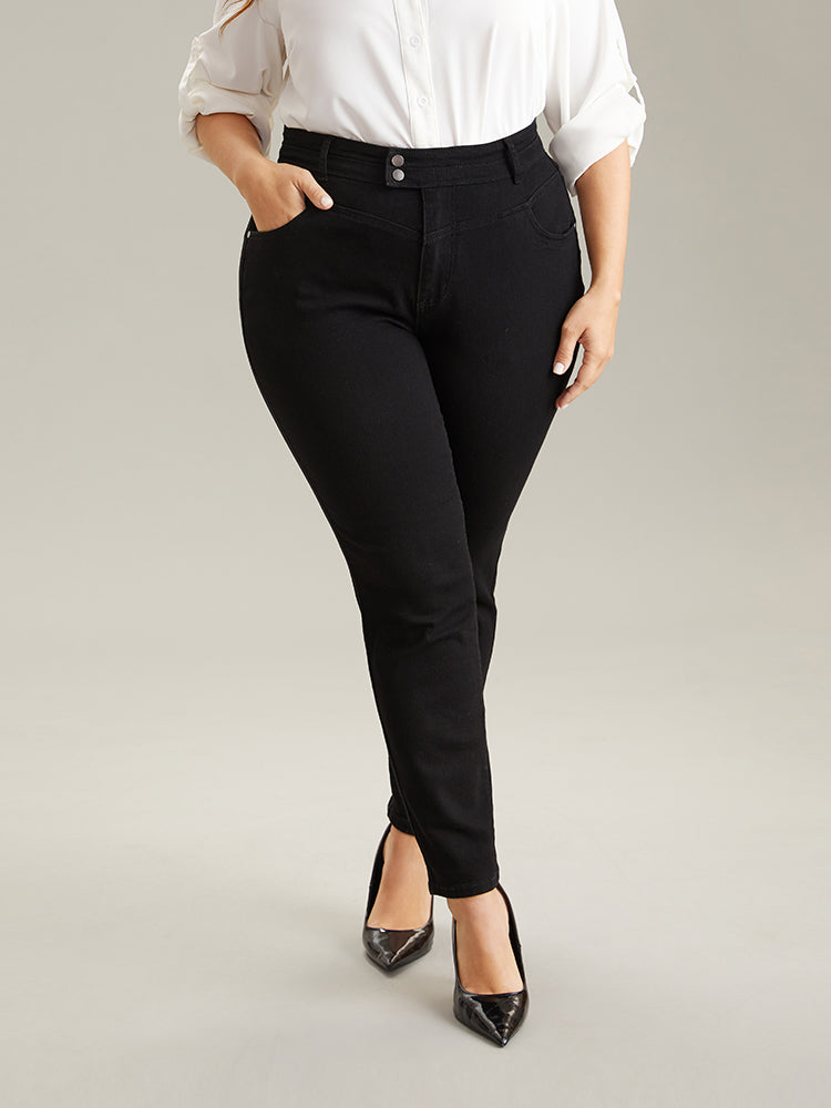 Plain Black Wash Button Through Jeans