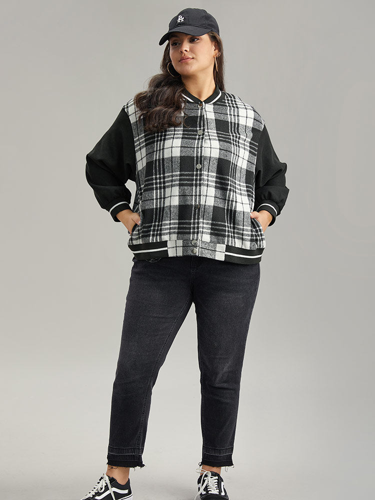 Plaid Button Through Pocket Baseball Collar Bomber Jacket