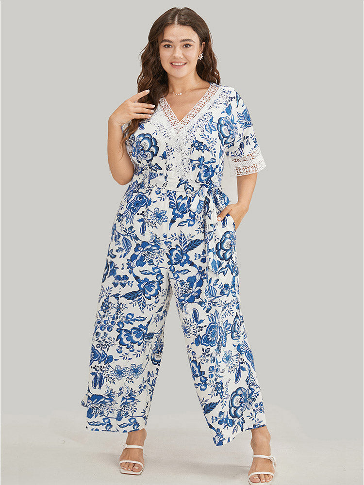 Floral Belted Pocket Lace Trim Wrap Jumpsuit