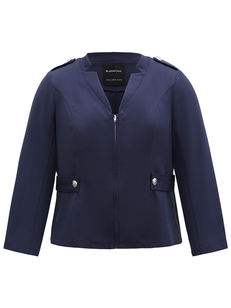 Plain Button Detail Notched Zipper Blazer