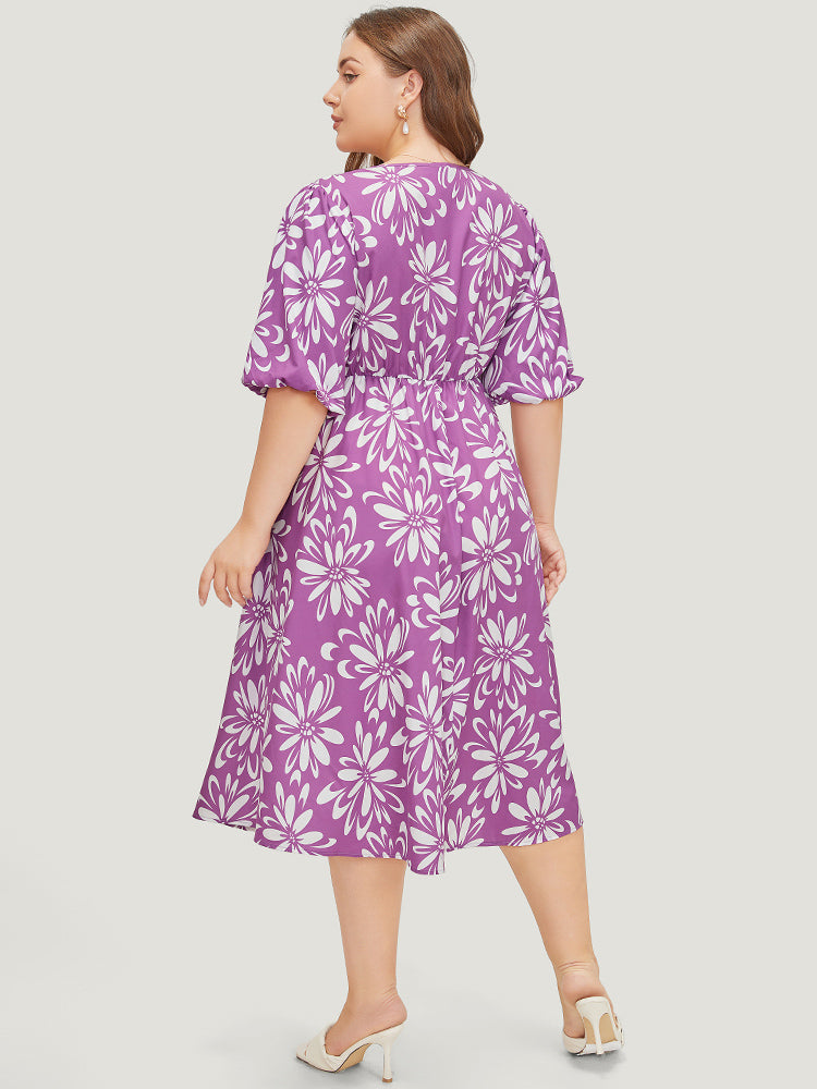 Floral Print Puff Sleeve Pocket Twist Front Dress