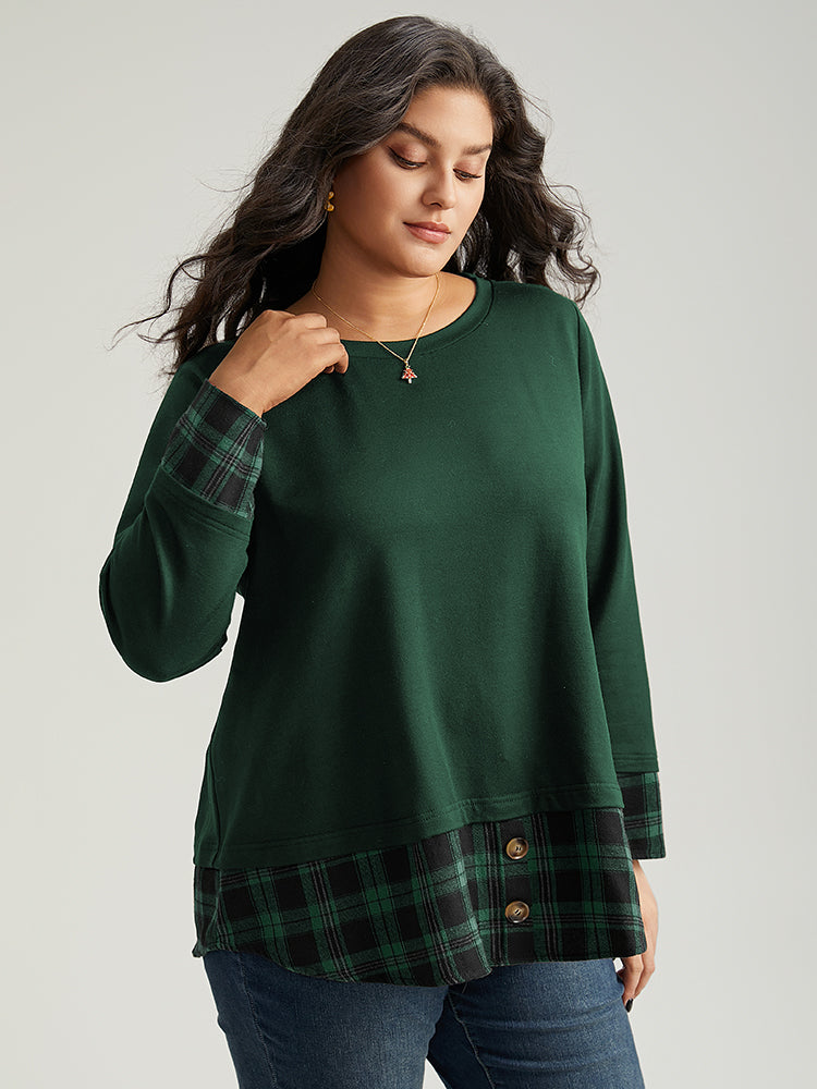 Plaid Patchwork Button Detail Curved Hem Sweatshirt