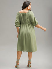 Solid Shirred Square Neck Guipure Lace Dress