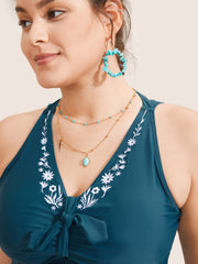 Floral Embroidered Knot Ruched Swim Top