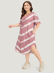 Tie Dye Striped Two Tone V Neck Pocket Dress