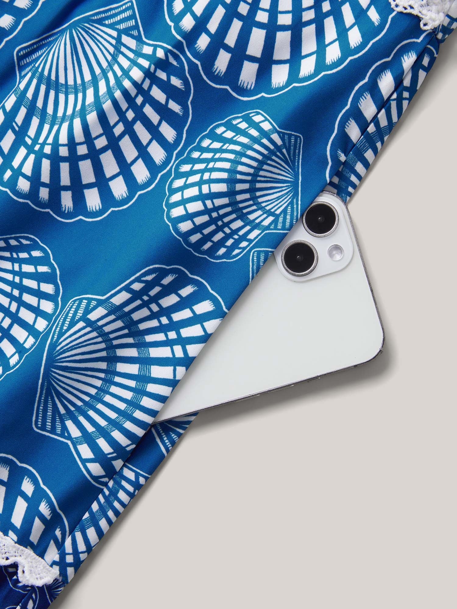 Shell Print Lace Trim Pockets Maxi Dress