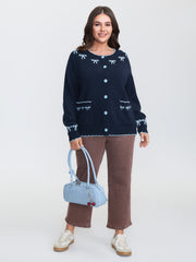Bow Pattern Jacquard Button Knit Cardigan