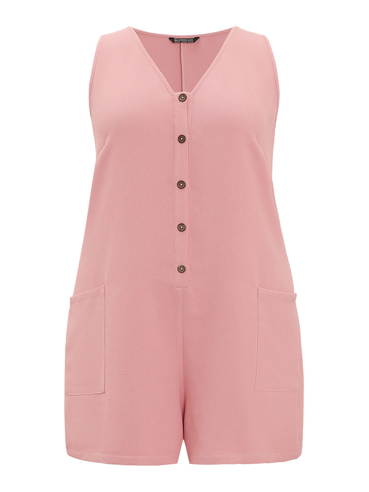 Solid Pocket Waffle Knit Button Detail Tank Romper