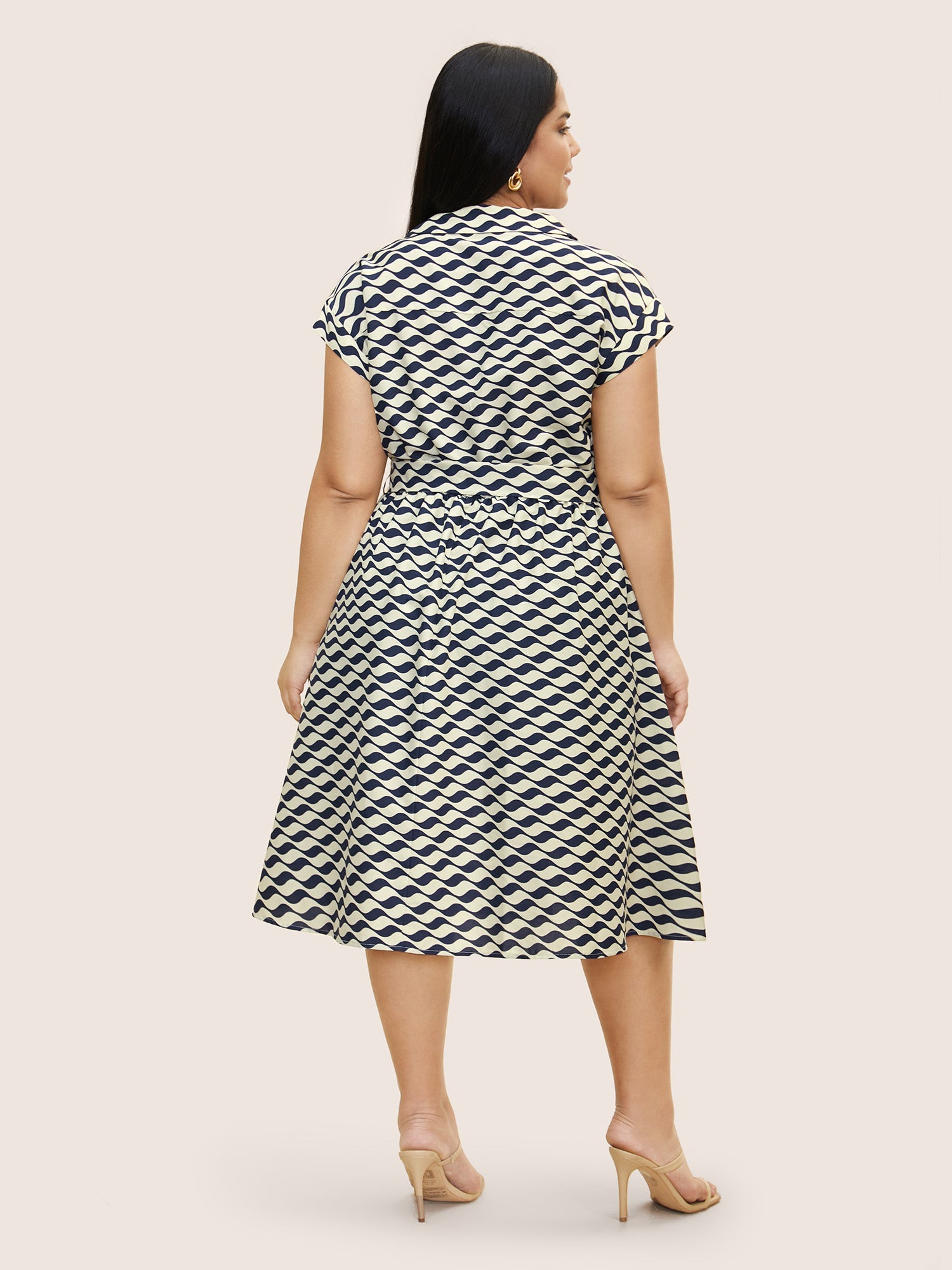 Shirt Collar Striped Belted Midi Dress