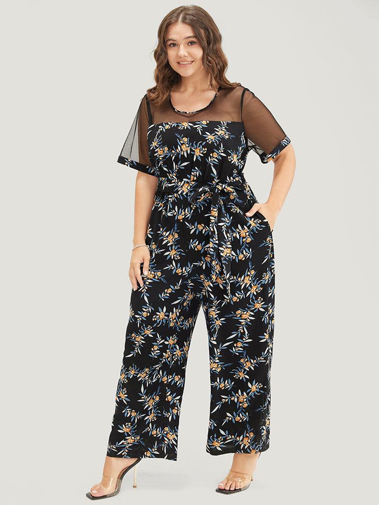 Floral Mesh Patchwork Crew Neck Pocket Belted Jumpsuit