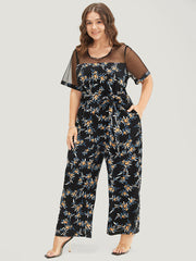 Floral Mesh Patchwork Crew Neck Pocket Belted Jumpsuit