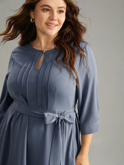 Anti-Wrinkle Solid Belted Pleated Keyhole Dress
