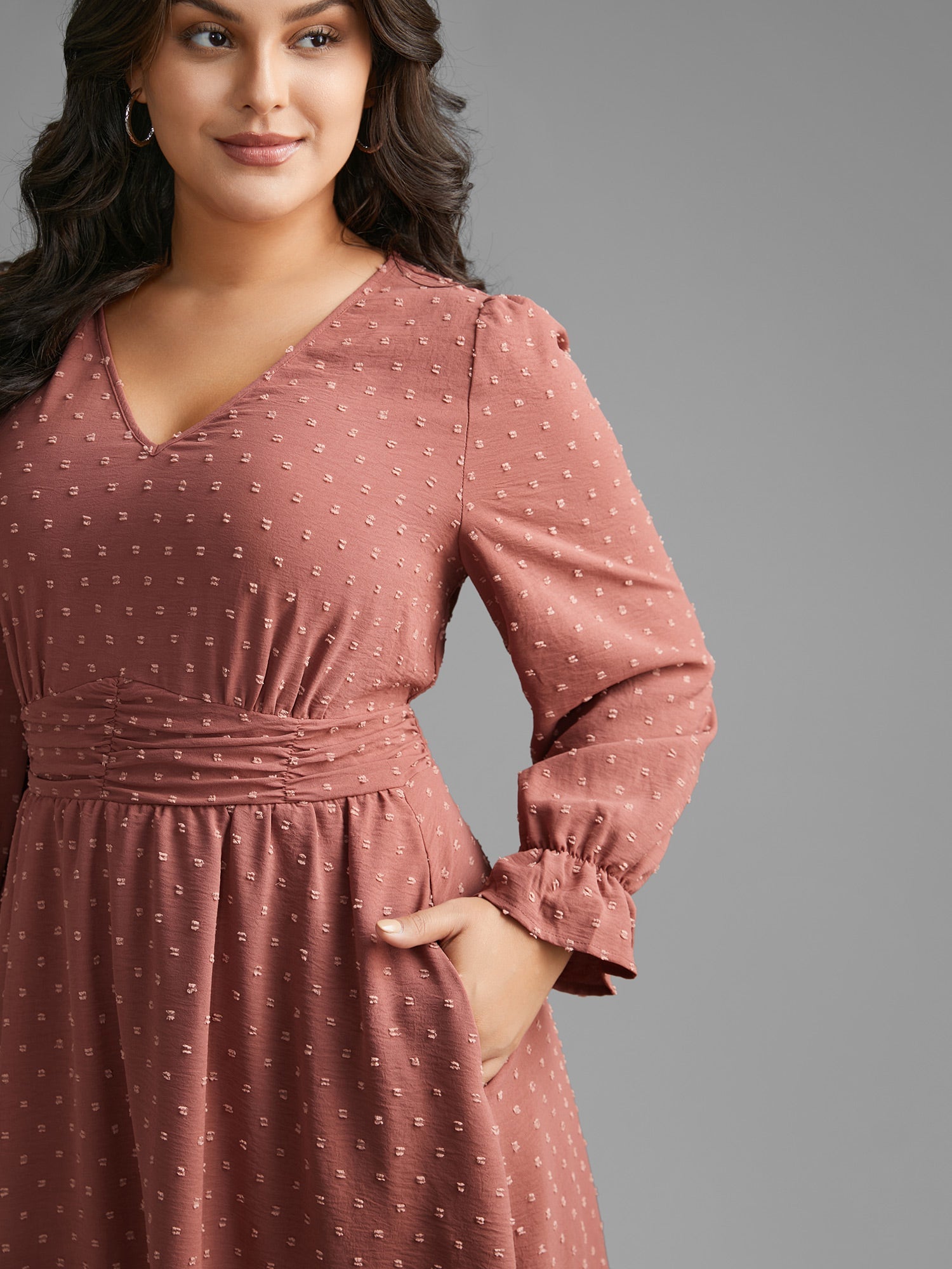 Solid Texture Ruffles Shirred Gathered Dress