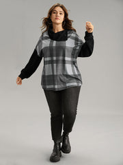 Plaid Patchwork Mock Neck Button Detail Sweatshirt