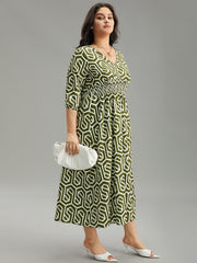 Geometric Print V Neck Shirred Dress