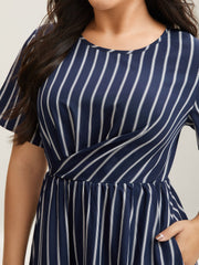 Striped Stretchy Waist Defining Pockets Dress