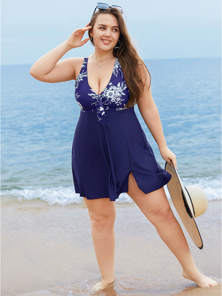 Floral Patchwork Knotted Front Split Swim Dress