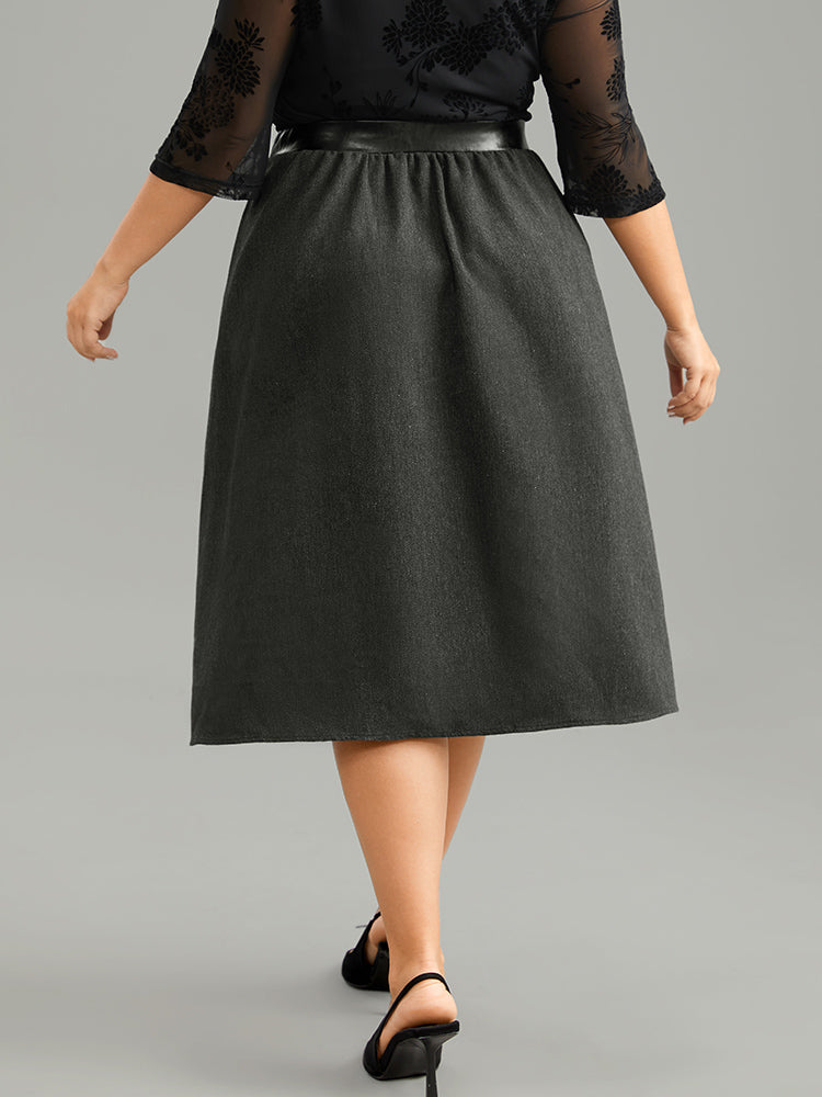 Solid PU Patchwork Pocket Elastic Waist Skirt