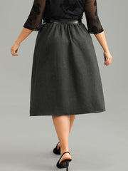 Solid PU Patchwork Pocket Elastic Waist Skirt