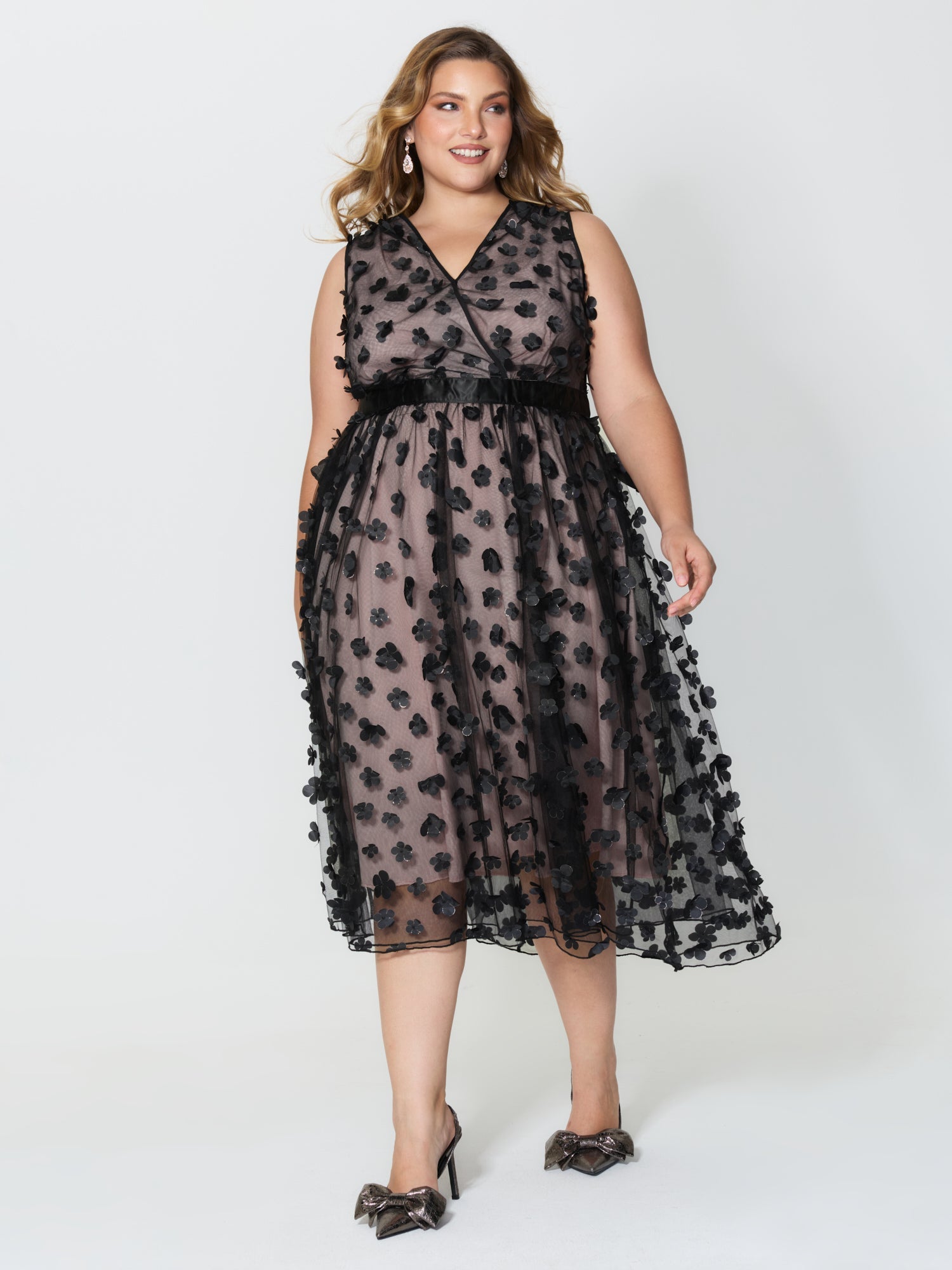 3D Floral Back-Tie Sheer Midi Dress