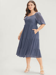 Solid Pocket Mesh Lantern Sleeve Shirred Back Ruffles Tiered Dress