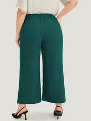 Solid Pleated Button Detail Straight Leg Pants