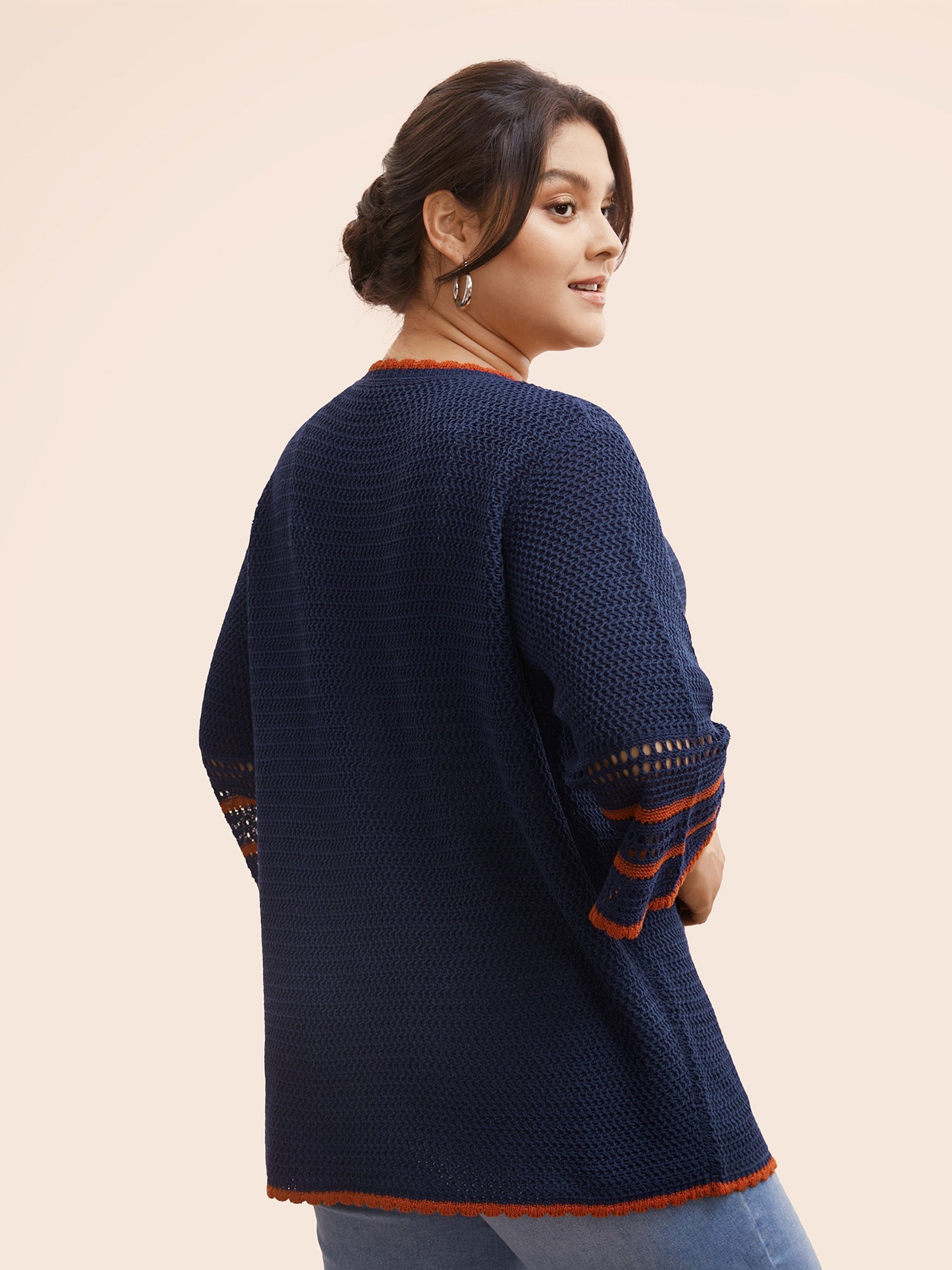 Solid Contrast Trim Bell Sleeve Cardigan