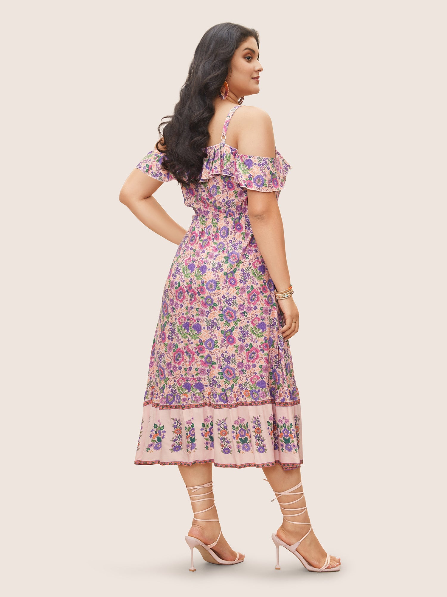 Floral Cold Shoulder Ruffles Shirred Dress