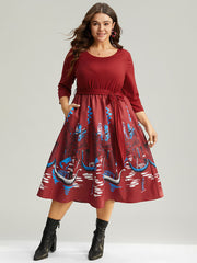 Boho Print Patchwork Belted Gathered Dress