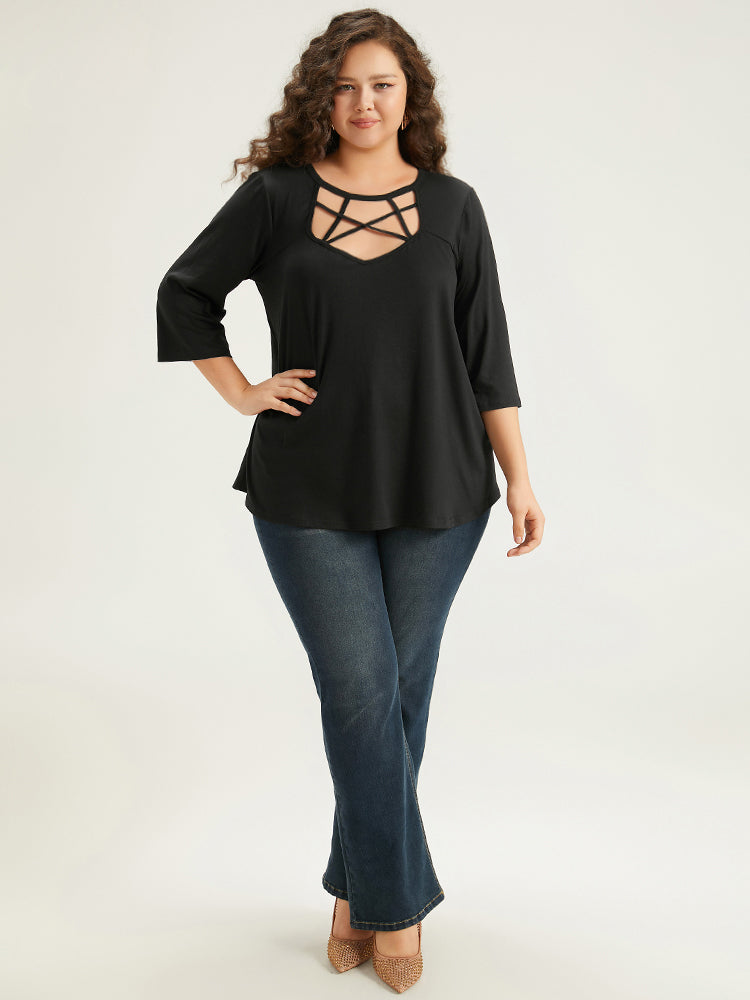 Solid Crisscross Neck Cut Out T-shirt