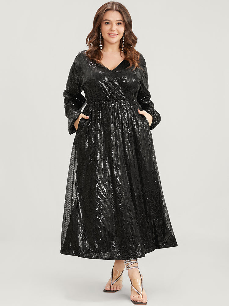 Solid Lantern Sleeve Pocket Wrap Sequin Maxi Dress