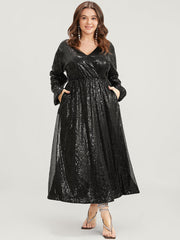 Solid Lantern Sleeve Pocket Wrap Sequin Maxi Dress