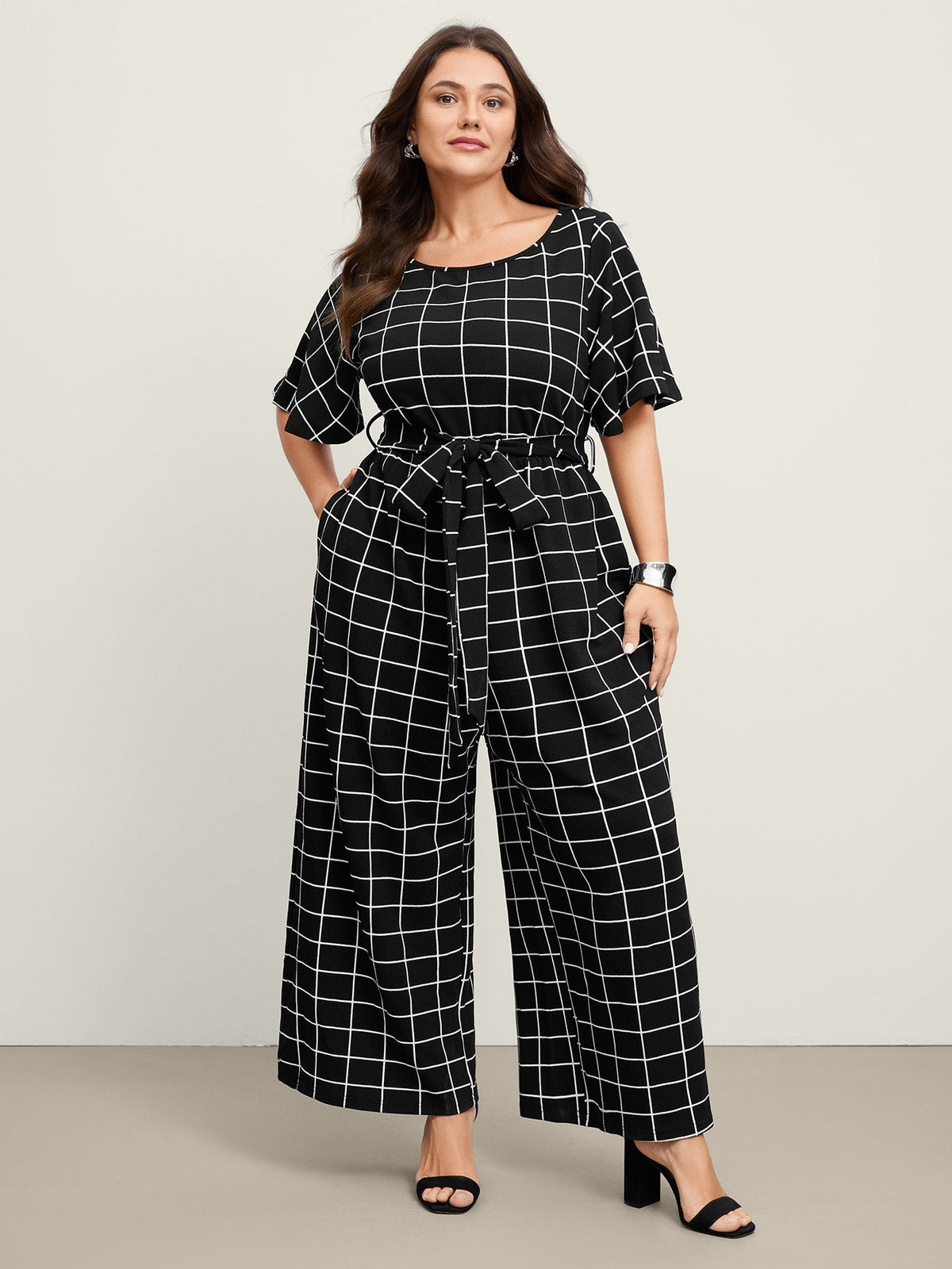 Grid Print Cinched Belted Waist Jumpsuit