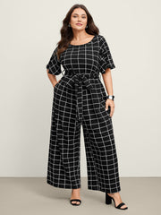 Grid Print Cinched Belted Waist Jumpsuit