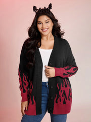 Flame Pattern Ribbed Hem Pockets Knit Cardigan