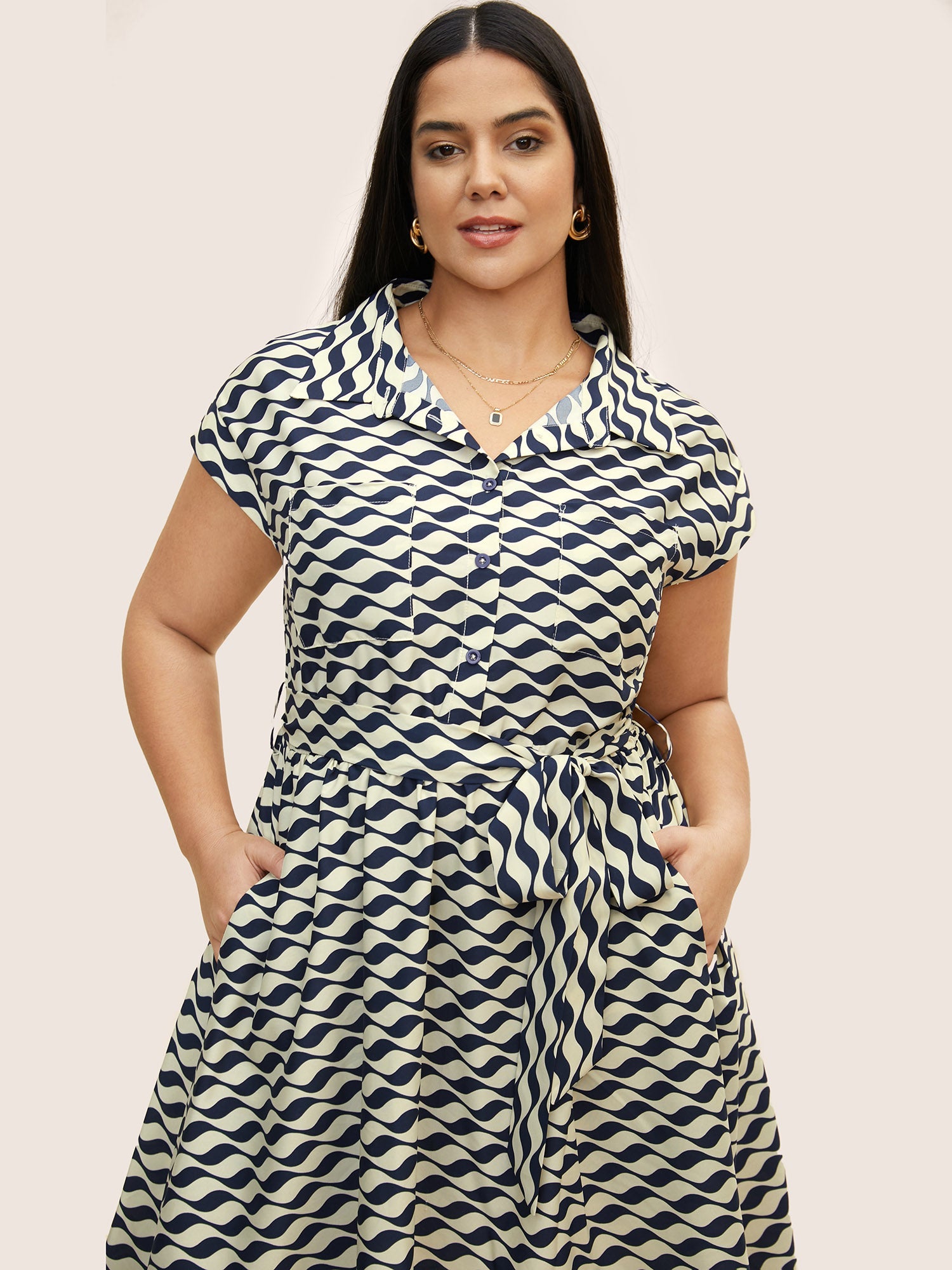 Shirt Collar Striped Belted Midi Dress