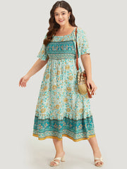 Floral Print Shirred Square Neck Dress