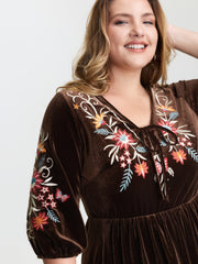 Floral Embroidered Stretchy Waist Pockets Midi Dress