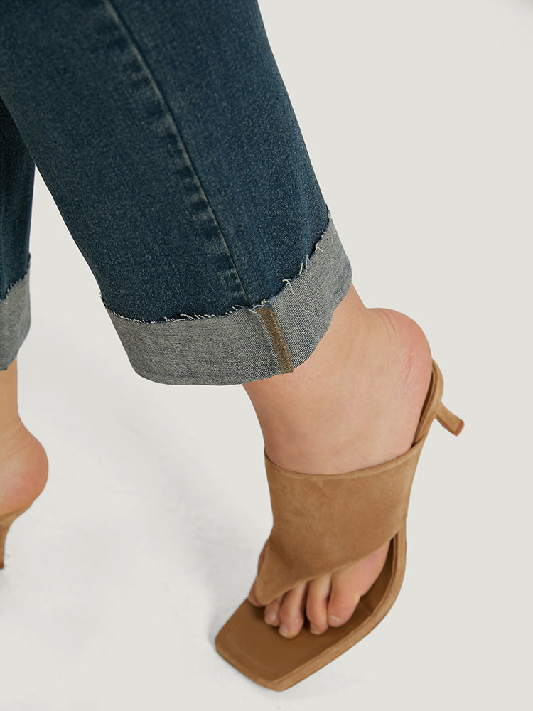 Solid Ripped Roll Hem Pocket Straight Leg Jeans