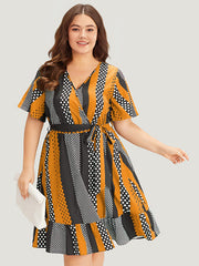 Striped & Polka Dot Graphic Pocket Ruffle Wrap Dress