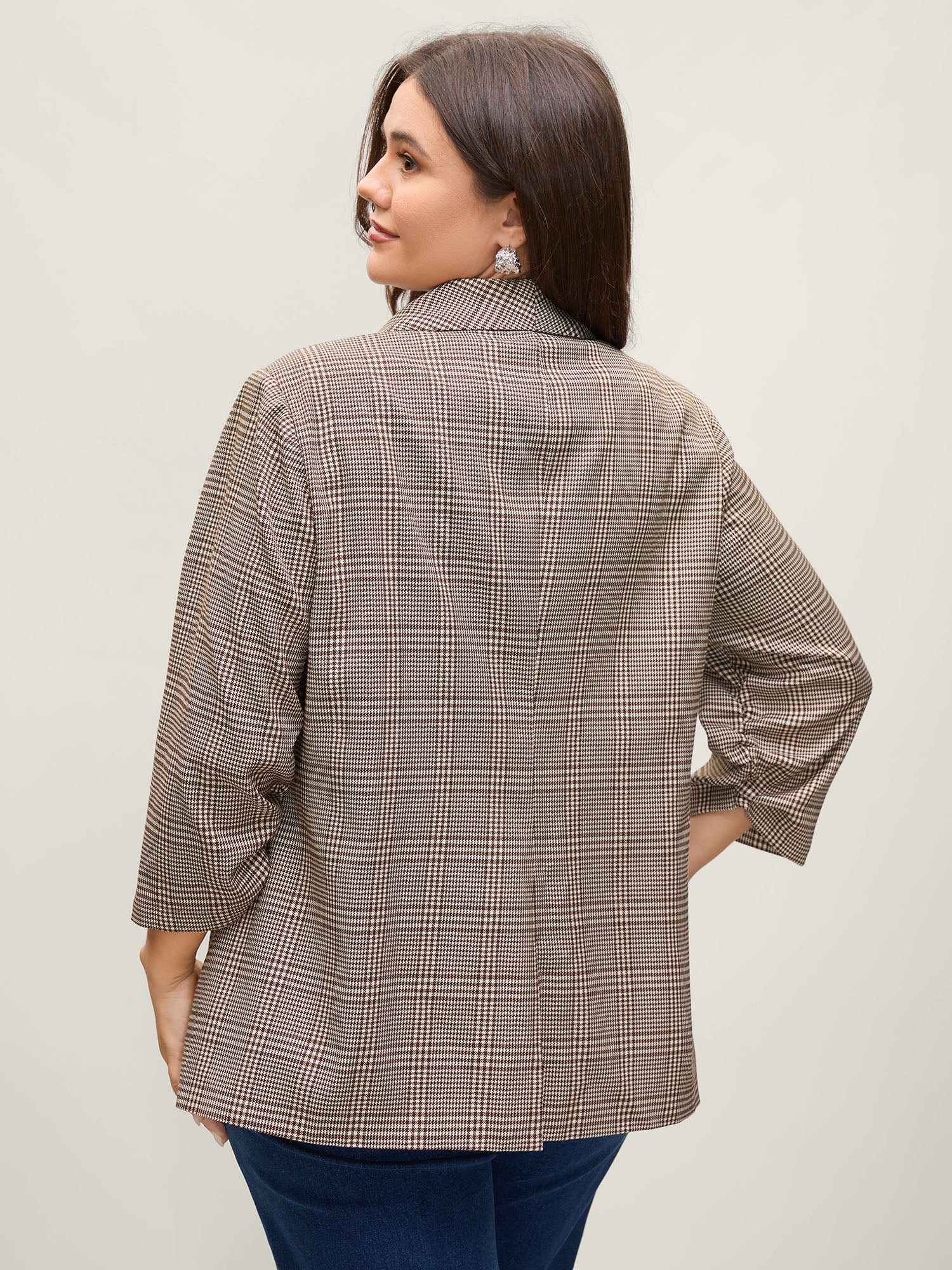 Plaid Pattern Gathered Sleeve Button Blazer