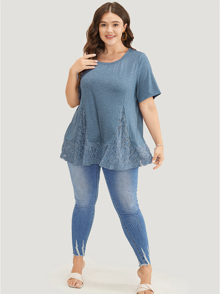 Solid Patchwork Crew Neck Lace Swing T-shirt