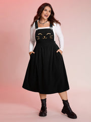 Happy Cat Embroidery Overall Straps Midi Dress