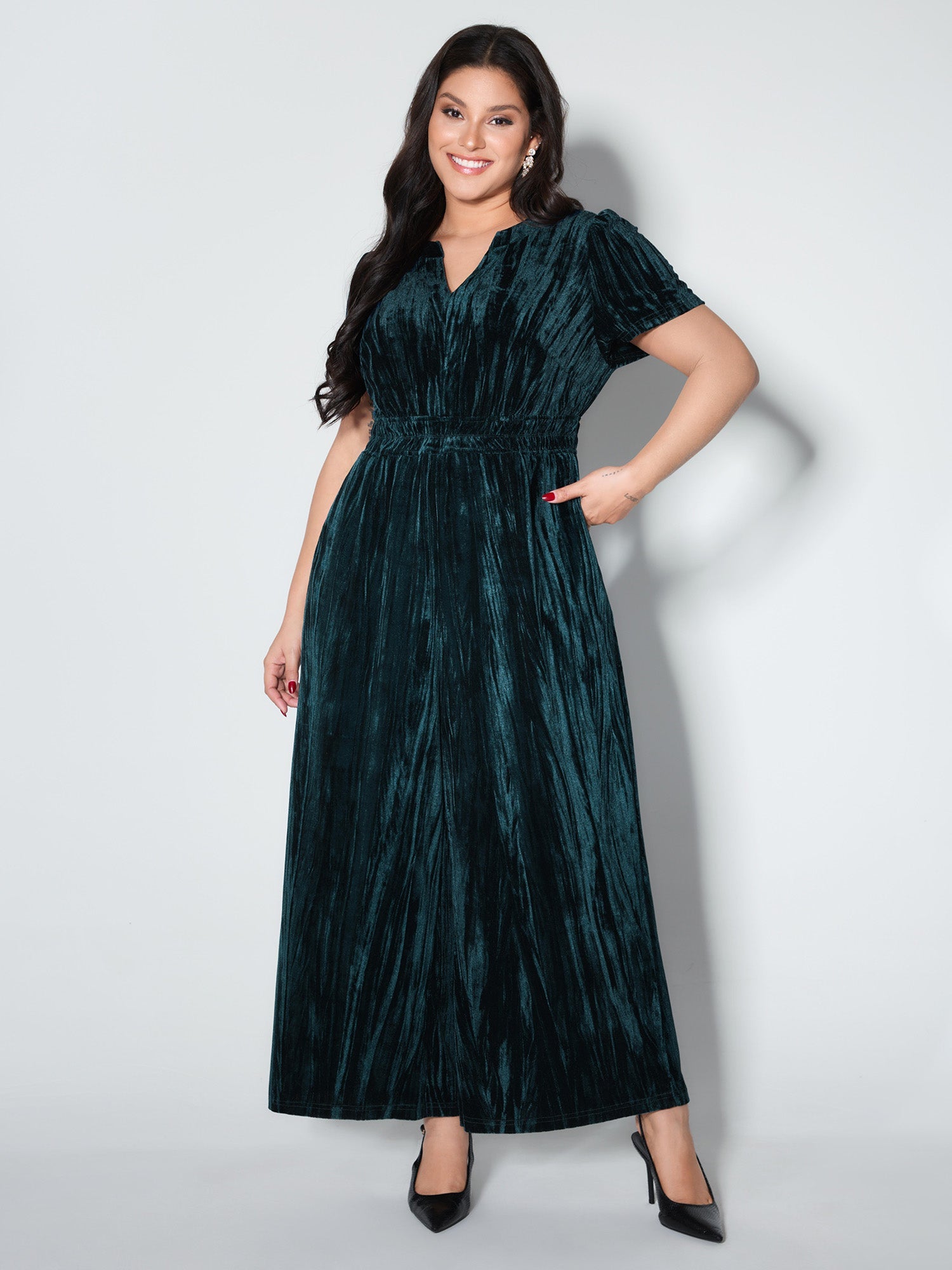 Velvet Pleated Waist Notched-Collar Jumpsuit